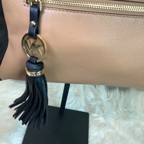 Michael Kors BROOKLYN Medium Saddle Bag Black Leather $398  Michael Kors Leather Satchel – Nude & Black Two-Tone with Tassel Charm